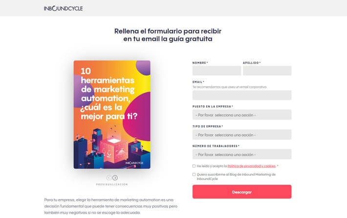 Landing page profesional de captura de leads de inboundcycle
